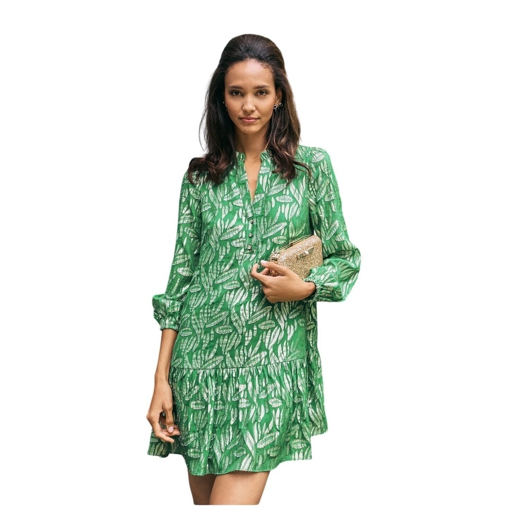 Lilly Pulitzer Evaline Silk‎ Dress – Bamboo Green Leafy Babe Metallic -Size 10